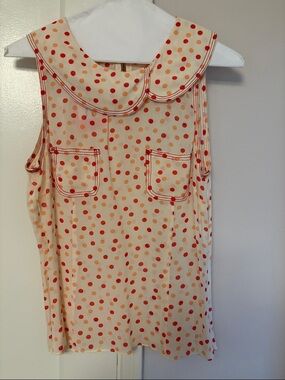 Sleeveless Polka Dot Peter Pan Collar Top - Cream with Red/Orange Dots